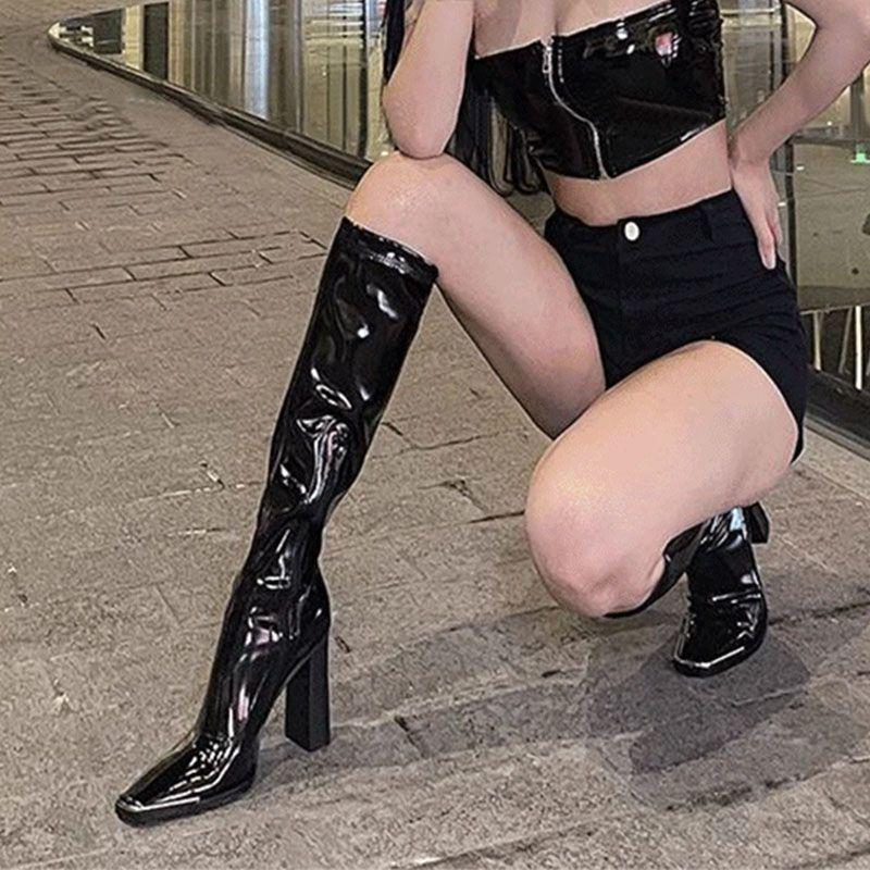 Kendall's Versatile Patent Leather Ankle Boots - Women's Chunky High Heels, 2025 New European/American Mid-Calf Martin Boots for Autumn/Winter