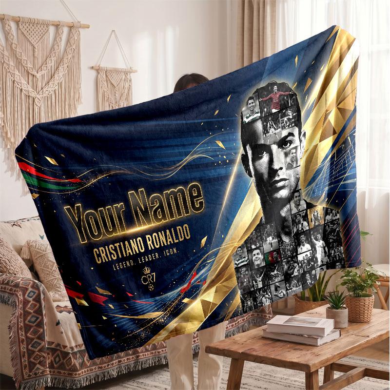 Couverture polaire personnalisée Cristiano Ronaldo avec logo de football, texte de nom personnalisé, couverture d'appoint douce et chaude pour la maison