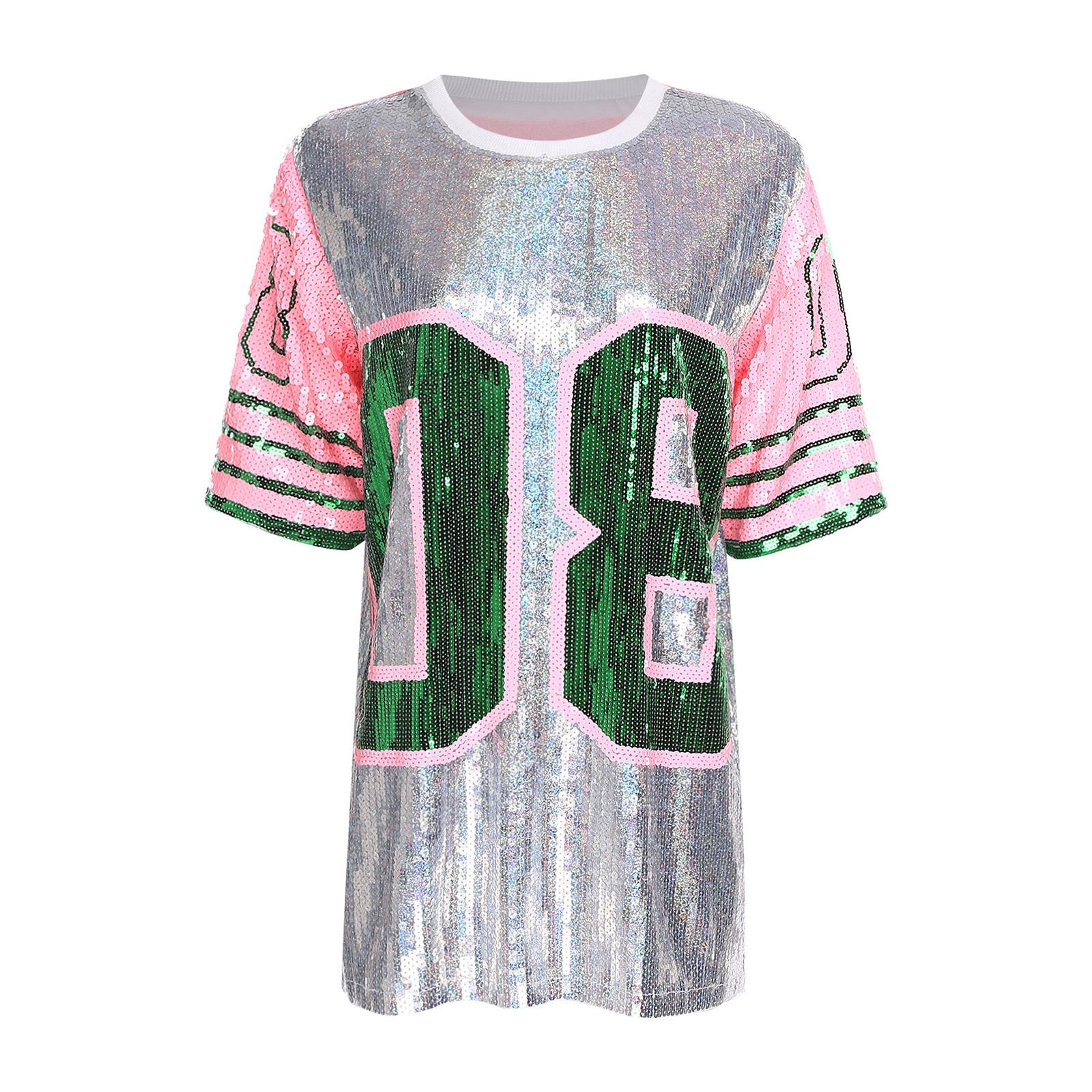 

Womens Shiny Sequin Oversized T Shirt Number Graphic Crew Neck Short Sleeve Color Blocking Sporty Top One Size срібний