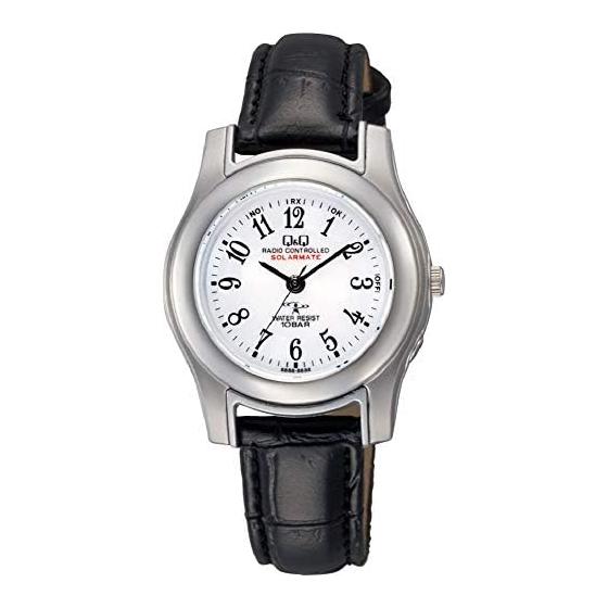 

[Citizen Q&Q] Cue and Cue 10 ATM Water Resistant Watch Analog Radio Solar Waterproof Leather Strap HJ03-304 Women s Black