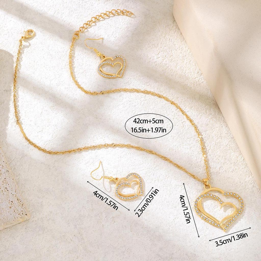 European & American Retro Love Heart Jewelry Set: Alloy Diamond-Inlaid Necklace & Earrings