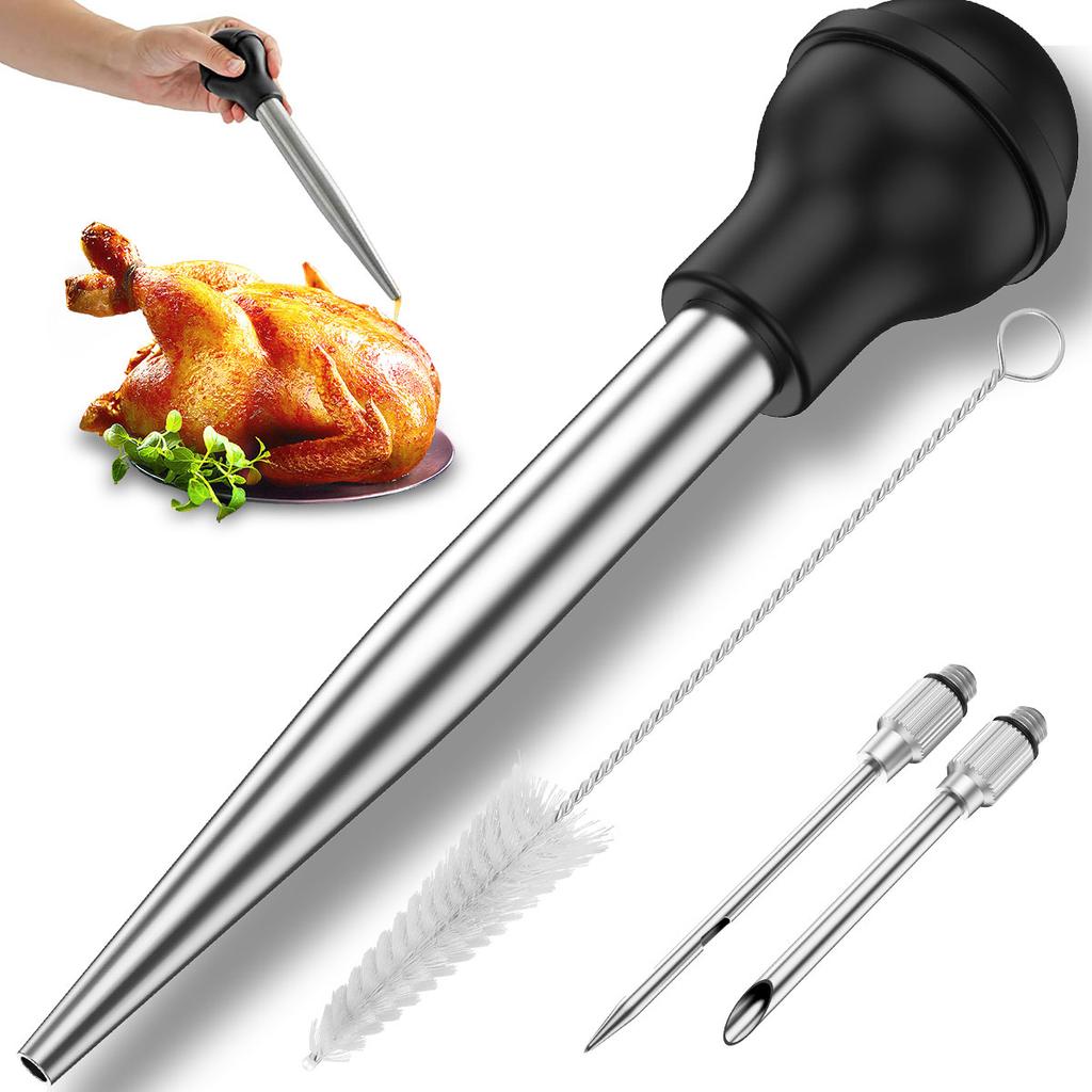 Turkey Baster Set Seasoning Sauce Injection Pump Stainless Steel Turkey Baster Syringe Meat Marinade Injector Needle for Kitchen