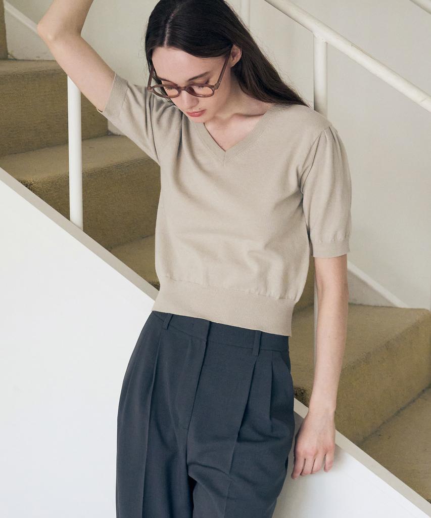 Deuloupisumeon V-Neck Puff Short Sleeve Cotton Knit [Cream]