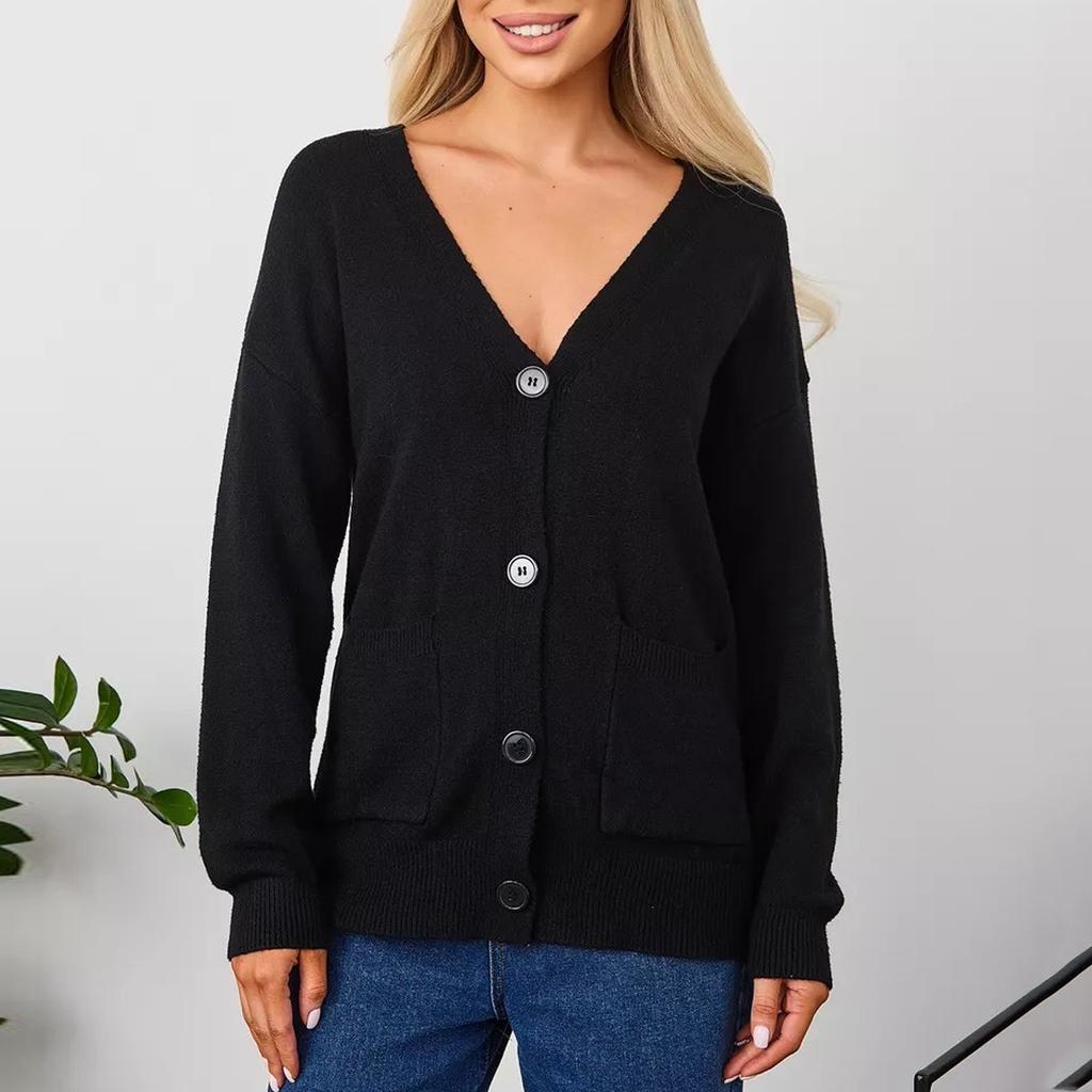 Suéter tipo cárdigan informal de color liso para mujer con bolsillos para abrigo de mujer
