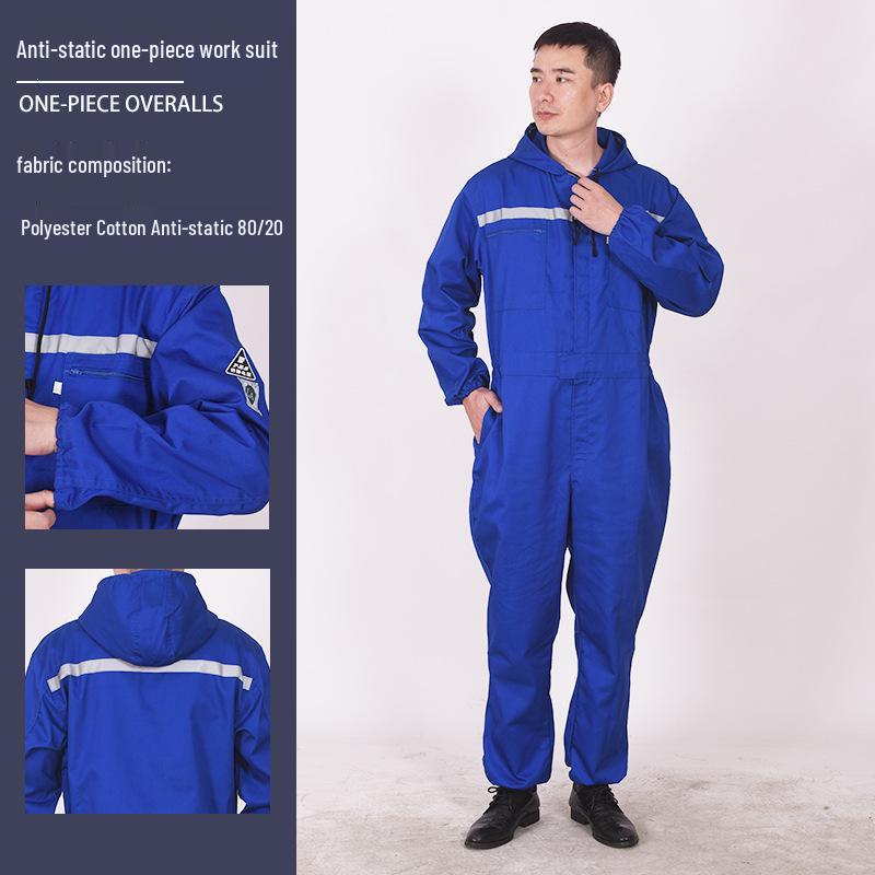 Men's Anti-Static Polyester-Cotton Work Coverall with Reflective Strips - Dustproof, One-Piece Protective Suit for Auto Repair and Sailing.