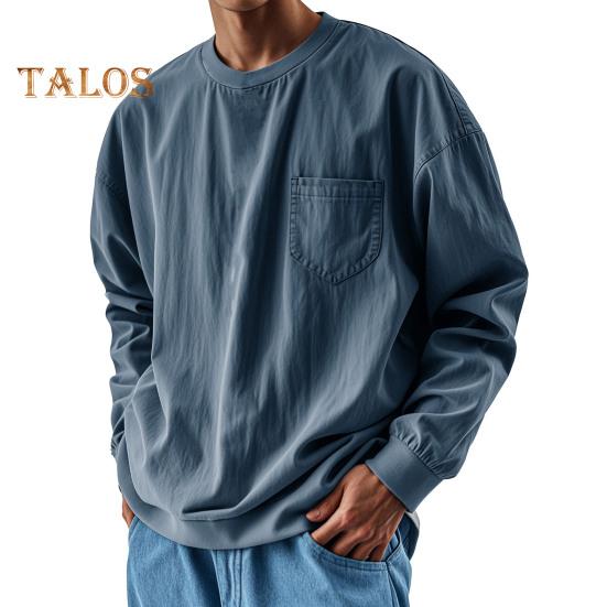 

Весна Осень Мужской Топ с Нагрудным Карманом Круглый Вырез Длинные Рукава Эластичные Манжеты Футболка Однотонный Цвет Свободный Толстовка Для Повседневного Ношения Спорт S темно-синий