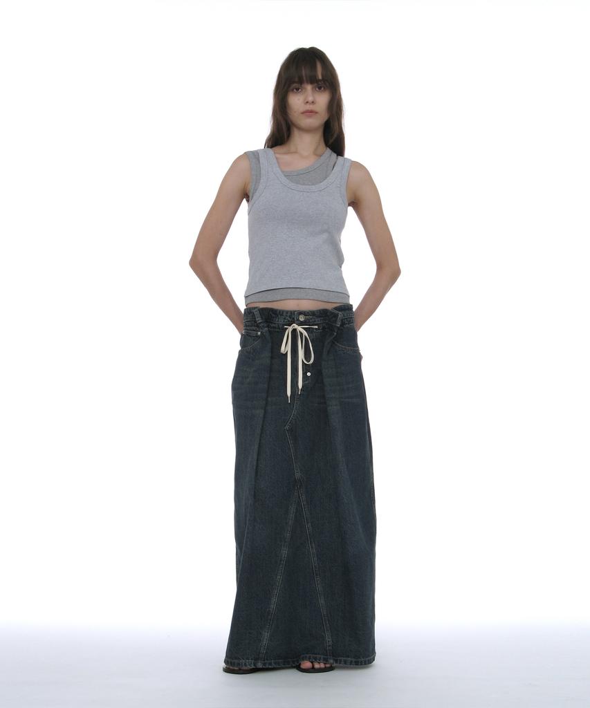 Partimento Woman Drawstring Denim Maxi Skirt_Dark Blue