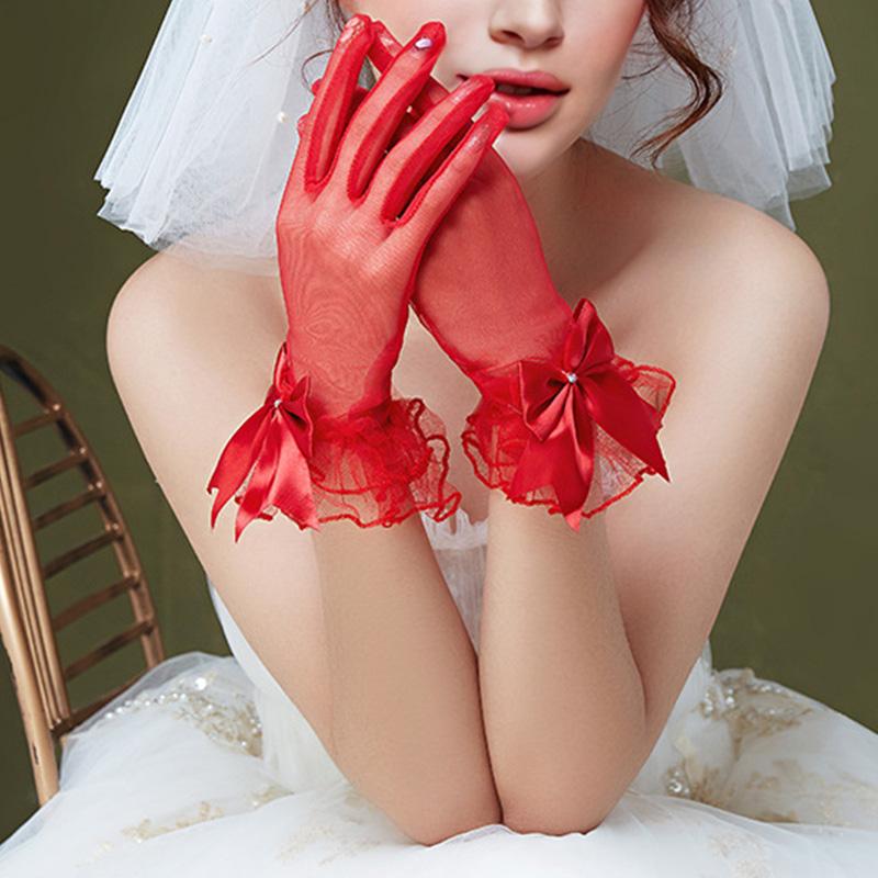 1Pair Tulle Ruffle Edge Elegant Lace Gloves Wedding Polyester Bowknot Bridal Gloves Women Mittens Dress Accessories