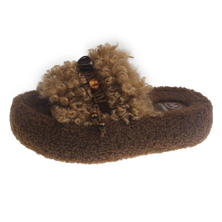 [Uncle Shoes] Lamb Lazy Autumn Fluffy Slippers Women's Outer Wear Cotton Slippers Thick Bottom Curly Hair Retro New One