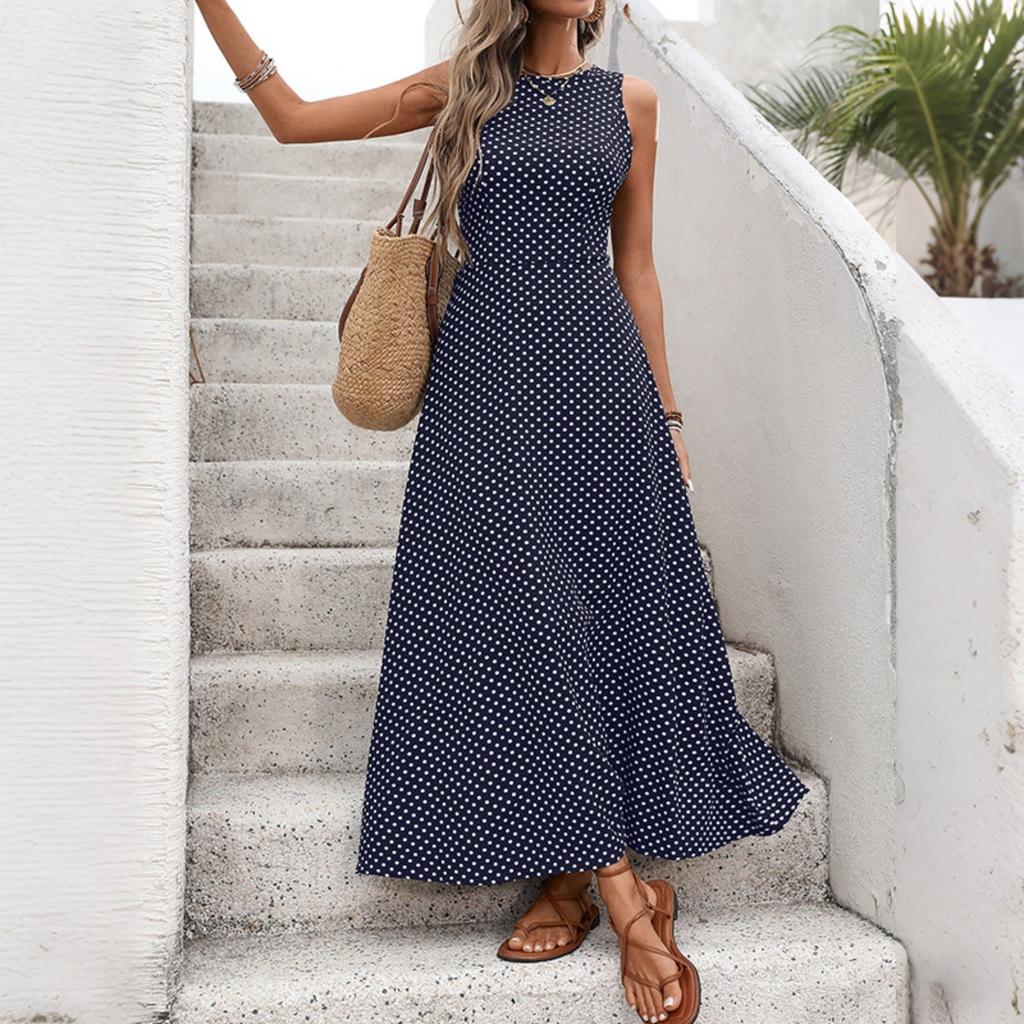 New European American French Vintage Polka Dot Sleeveless Backless Waist Cinched Vacation Dress