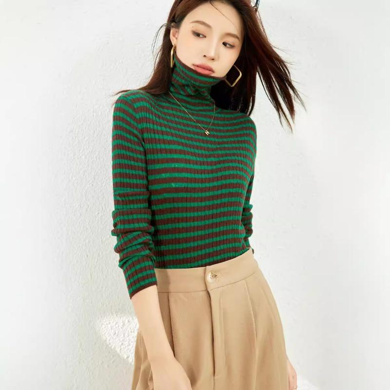 

turtleneck knitted sweater autumn season new silk wool blended contrasting striped slim bottoming shirt top women 120 (110-67.5 kg)