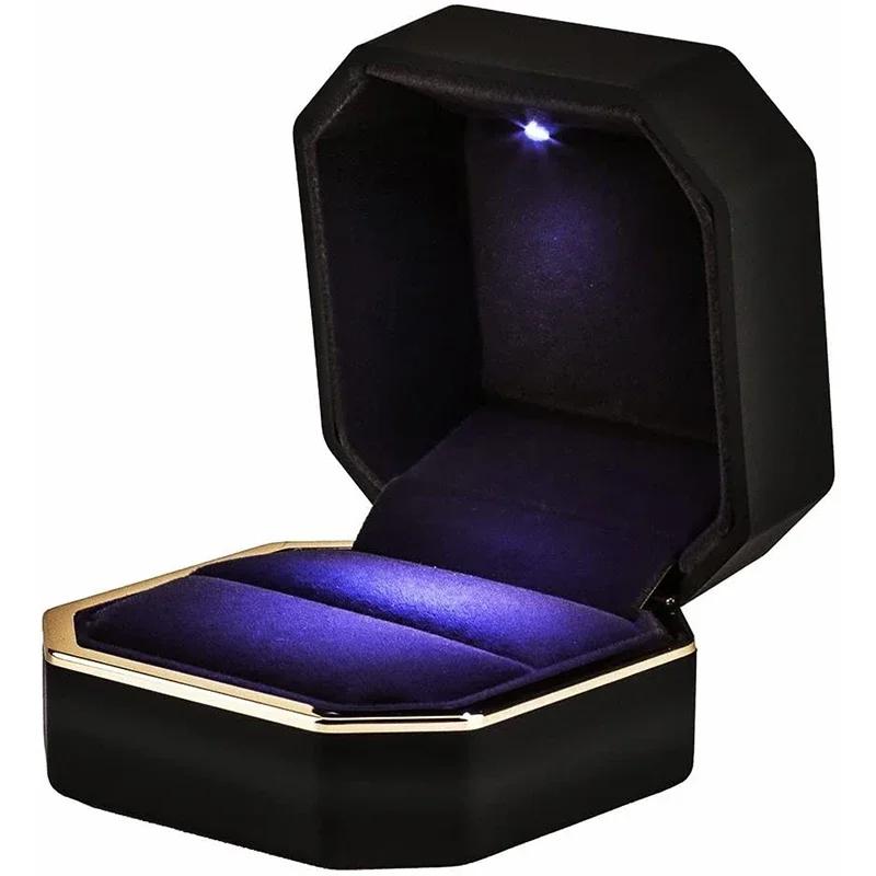 New 1PCS Ring Box Wedding Velvet Ring Case Organizer Jewelry Gift Box With Led Light For Proposal Engagement Ring Boxes