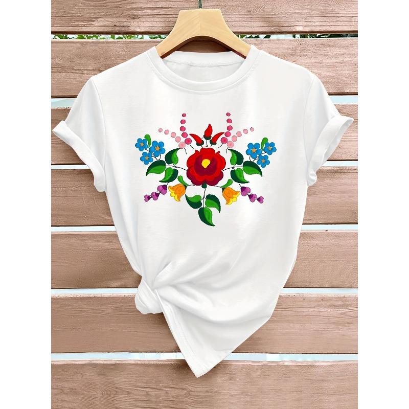 Womens Floral Print Tee Round Neck Short Sleeve Vibrant Retro Casual Style Spring Autumn Multi Color S-XXL Top