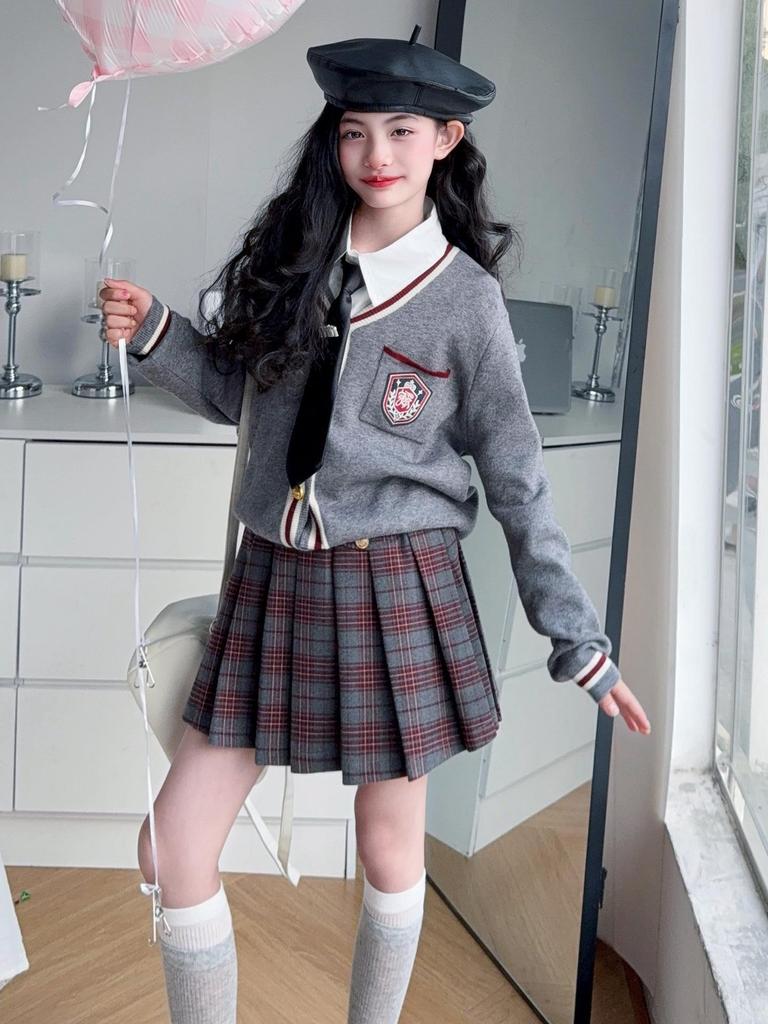 Girls' 2025 Preppy-Style Knitted Cardigan, Shirt & Pleated Skirt Set for Spring/Autumn