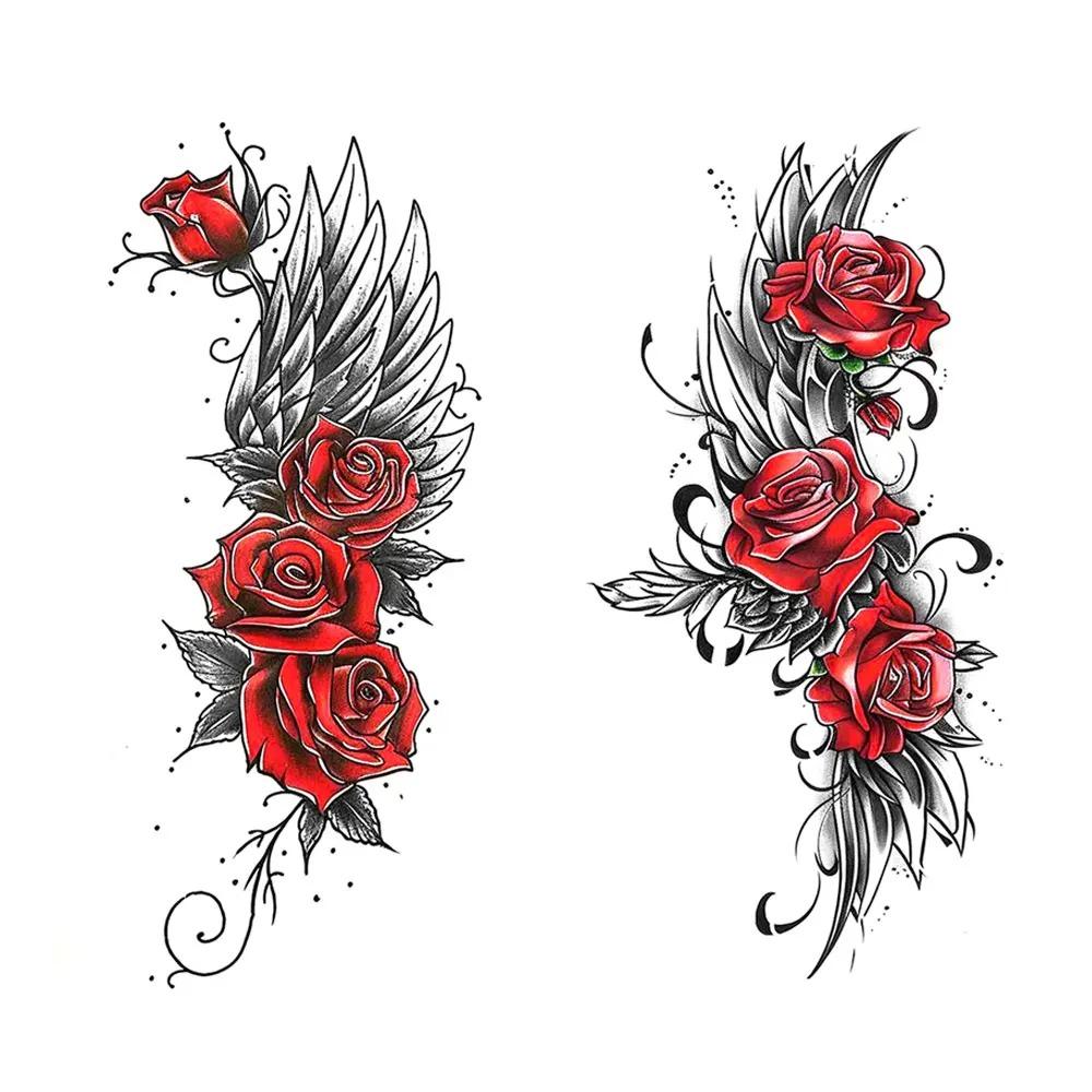Waterproof Temporary Tattoo Sticker Dark Style Wings Feathers Rose Flower Sexy Body Art Arm Fake Tattoos Sleeve Women Men