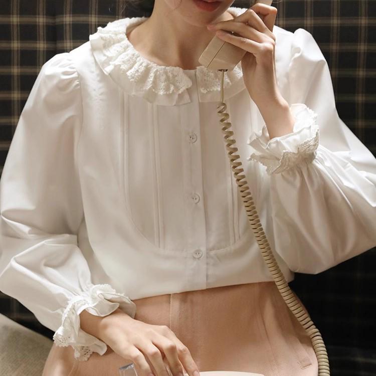 Nesoulum Women's Autumn White Lace Collar Ruffled Hem French Retro Loose Shirt