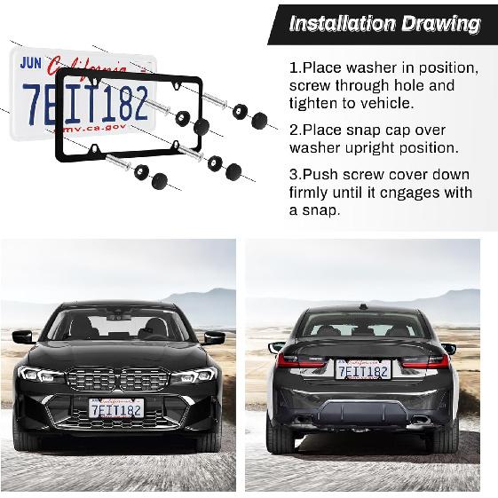 Alpmosn 2PCS Stainless Steel License Plate Frames, 4 Holes Car Licence Plate Covers with Screws Washers and Caps, Car Exterior Accessories, License