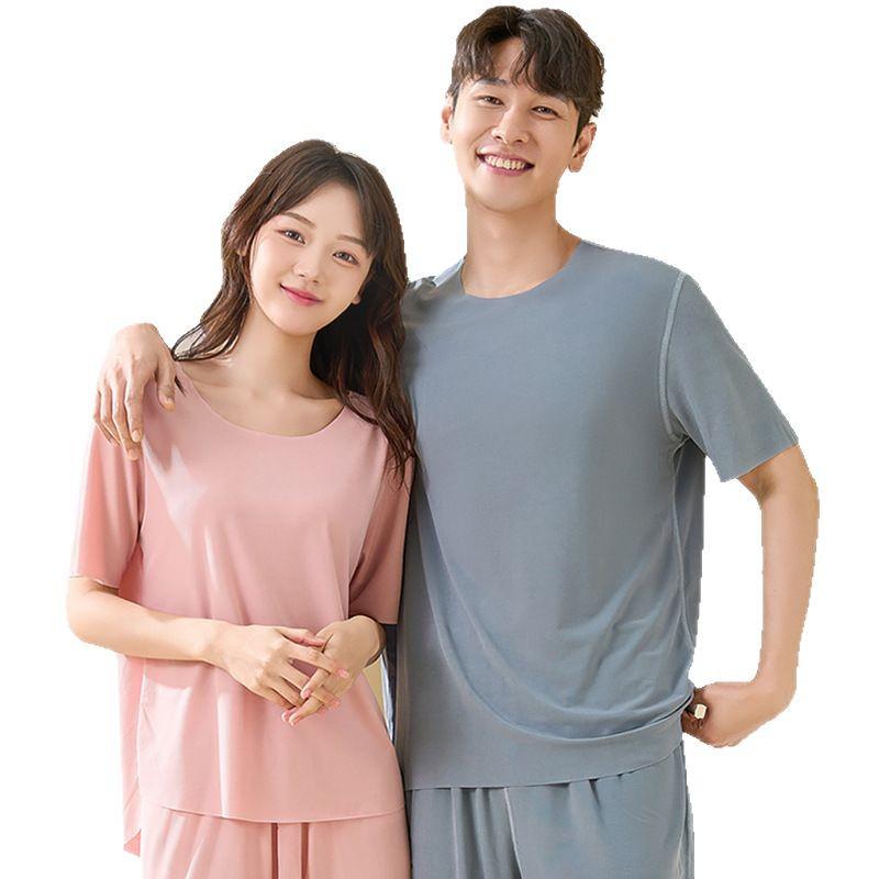 Ice Silk Couples Summer Pajama Set - Quick-Dry Women's and Men's Short Sleeve and Shorts Homewear
