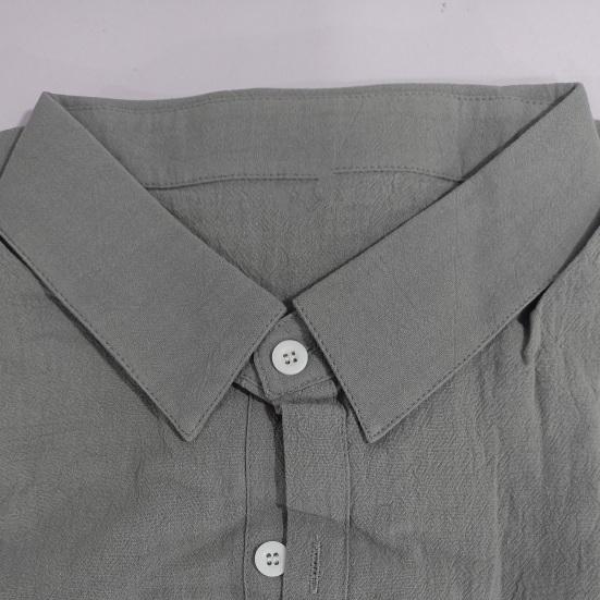 Men Lapel Long Sleeve Shirt Tops Pleated Thin Solid Color Single Breasted V-neck