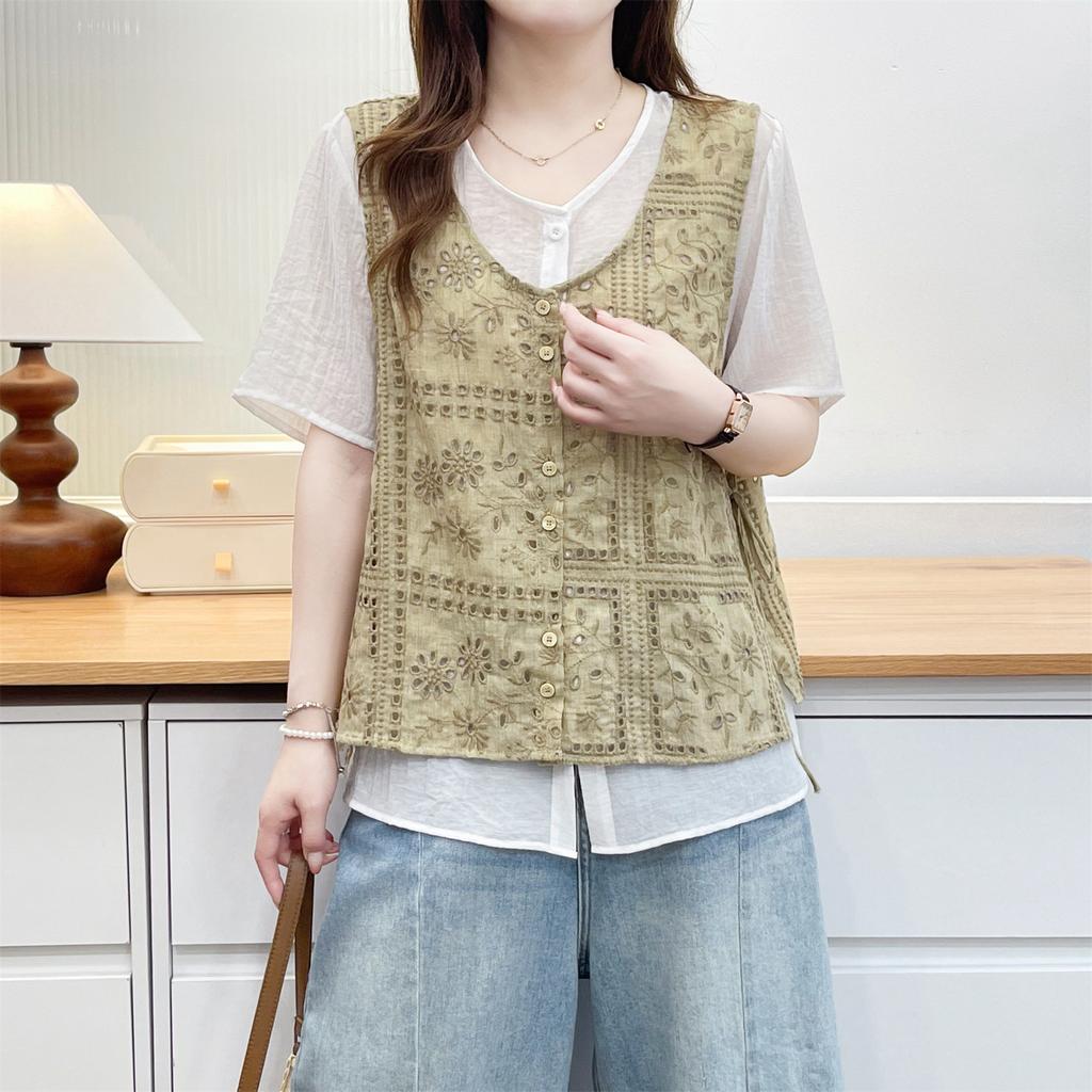 Women's Plus Size Fake Two-Piece Short Sleeve Shirt Embroidered Vest Top Casual Blouse