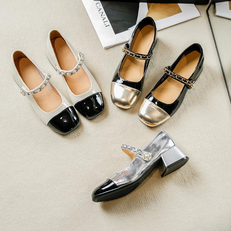 Real Sheepskin French Mary Jane Women'S Shoes Temperament Thick Heel Single Shoes Women'S High Heels Color Matching Small Leather Shoes Women