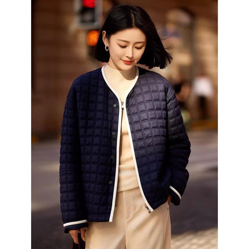 

Korean Casual Elegant Lightweight Quilted Cotton Jacket with Color Block Design for Women 2X-Large темно-синього кольору