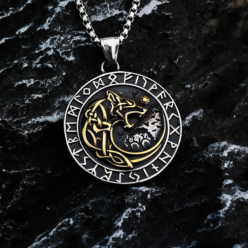Vintage Stainless Steel Men's Pendant Viking Wolf Head Compass Rune Necklace