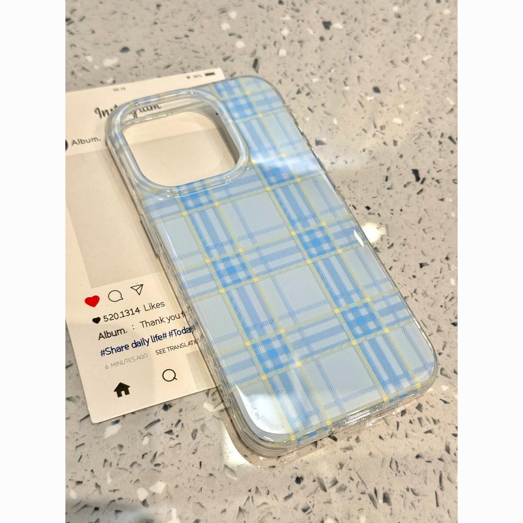 ins blue and yellow plaid iPhone16promax mobile phone case for girls, Apple 15promax white background imd case