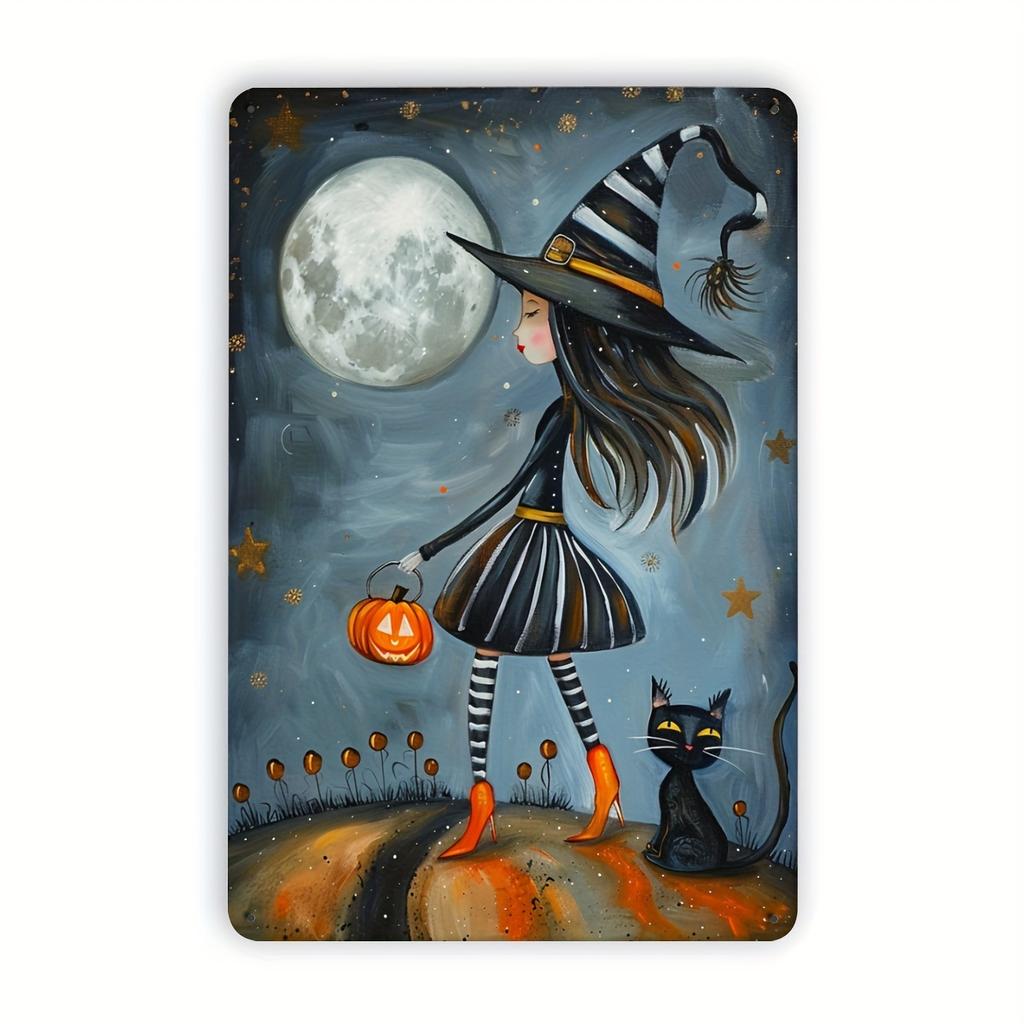 Little Witch and Cat Vintage Metal Tin Sign Indoor Outdoor Decorative Hanging Painting Wall Room Residential Bedroom Offic