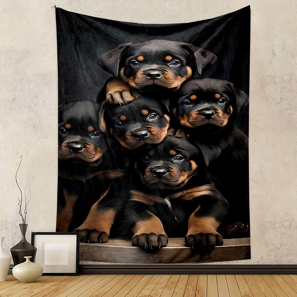 "Adorable Rottweiler Puppies Portrait" Patterned tapestry home decor, suitable for bedroom and living room, gift