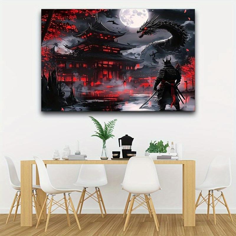 Japanese Samurai And Dragon Tapestry, Medieval Fantasy Landscape Wall Hanging Decoration, Home Decoration 100X70CM