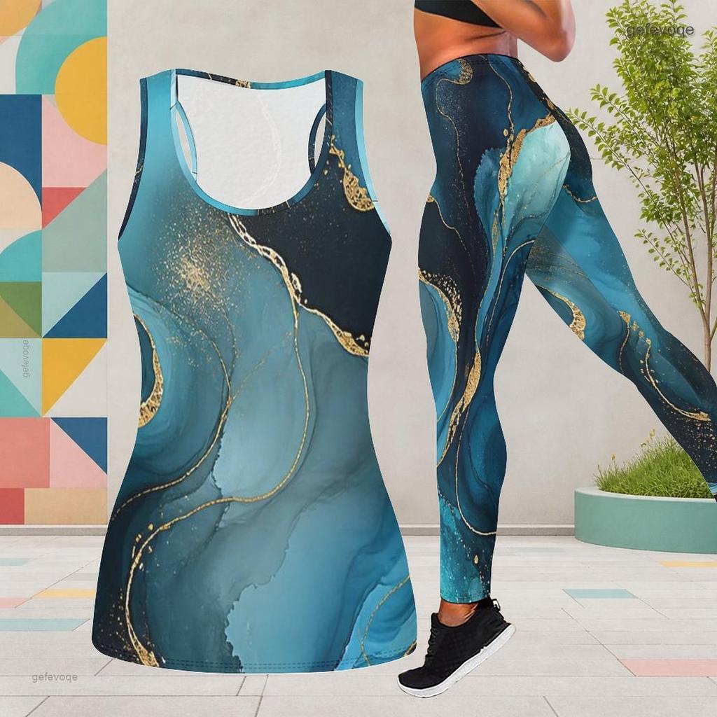 Women Plus Size Two Piece Set Scoop Neck Sleeveless Printed Tank Top Fitted Black Gold Leggings