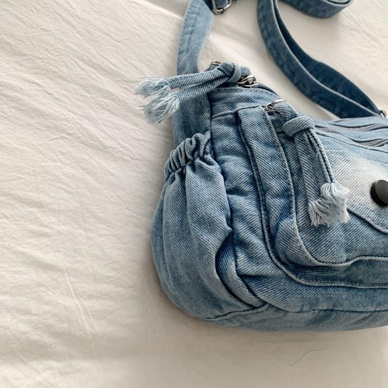 Washed Denim Crossbody Bag with Dual Flap Front Pockets Casual Shoulder Purse for Women Daily Travel