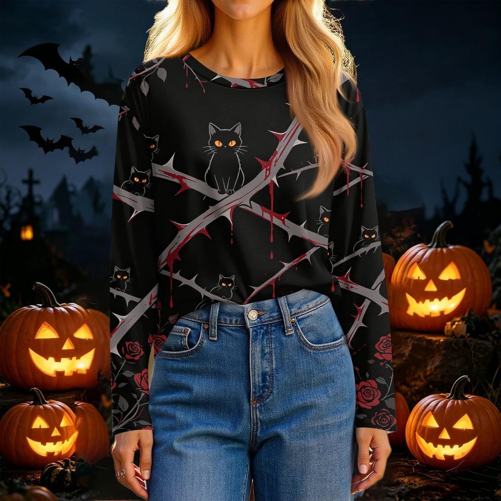 Women's Casual Long Sleeve Halloween Print Round Neck T-Shirt