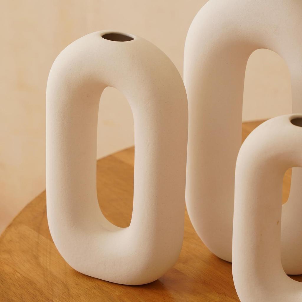 White Ceramic 'Polo Donut Vase' Set of 2 (9 & 8 Inches) | Decorative Donut Ring Vase for Dried Flowers and Pampas Grass | Vases for Home Decor