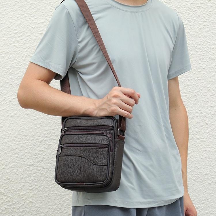 Retro pánská crossbody taška z pravé kůže, Malá taška přes rameno s více zipy na telefon, peněženku, pro každodenní cestování