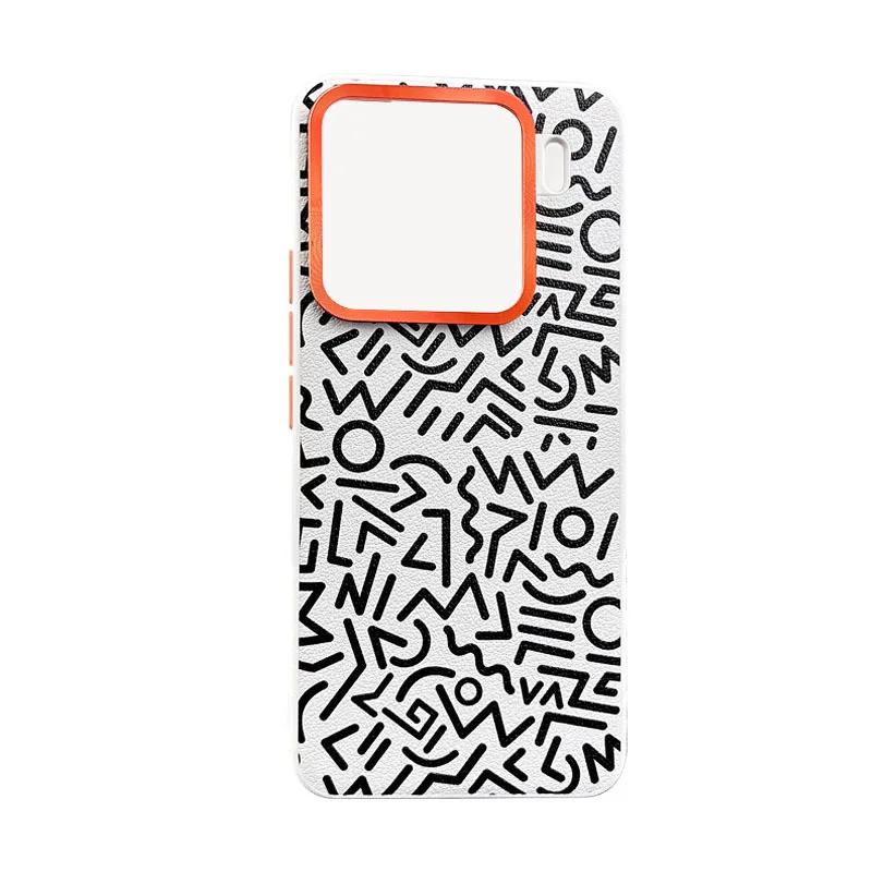 

Graffiti Painted Plain Leather Phone Case for Xiaomi 15 Pro Mi15 Metal Lens Ring Hardware Large Hole Metal Button Key Hard Cover Mi15Pro білий