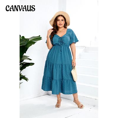 Summer Women's Dress Plus Size V-Neck High Waist Dress Long Short Sleeve Dresses