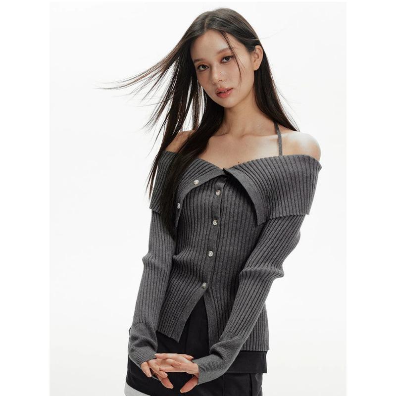 Frühling Slash Neck Off Schulter Frauen Strickjacken Y2k Ästhetischen Schlank Vintage Grunge Pullover Trendy Bandage Halter Strickwaren Weibliche