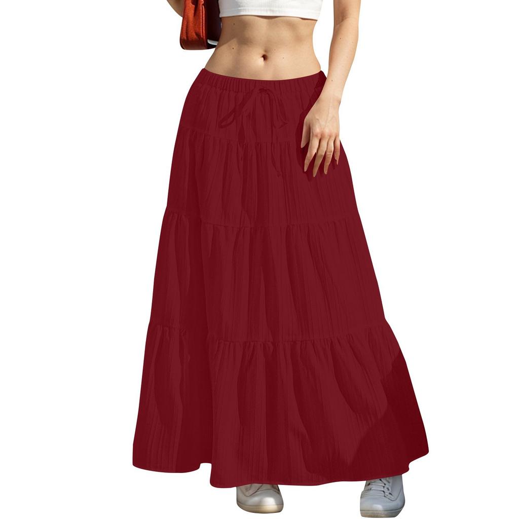 Women's Drawstring High Rise Midi Skirt Tiered Ruffle Maxi Skirt Casual Summer Long Skirt