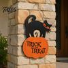 Festive Gift for Friends Halloween Wooden Door Sign, Black Cat And Pumpkin Plaque, Rustic Farmhouse Wall Art Hanging Decor Holiday Party Indoor