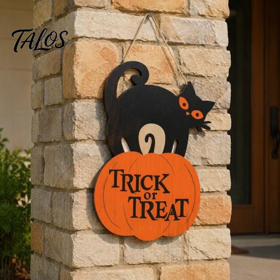 Festive Gift for Friends Halloween Wooden Door Sign, Black Cat And Pumpkin Plaque, Rustic Farmhouse Wall Art Hanging Decor Holiday Party Indoor