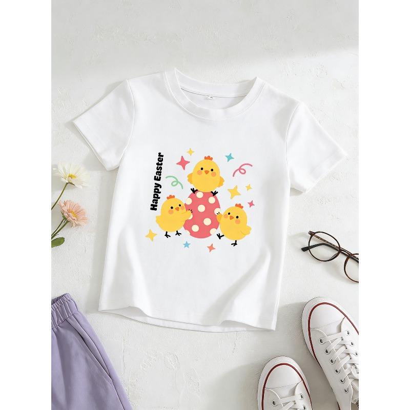 Kids Spring Summer Crewneck T-Shirt, Easter Cartoon Print Soft Breathable Casual Short Sleeve Kids Tee 110