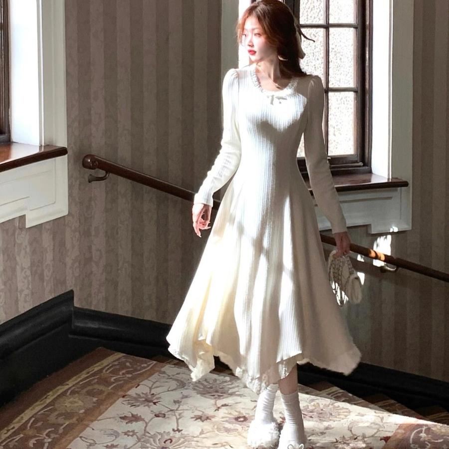 Elegant French Long Sleeve Dress for Women Autumn Casual Minimalist Boutique Inner Wear White Long Dress New Style