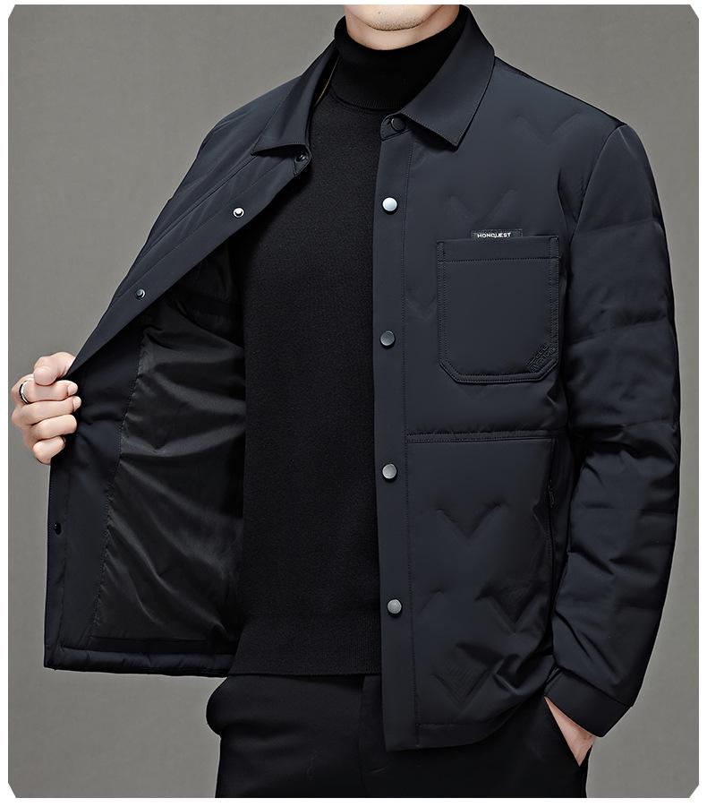 Men's White Shirt-Style Duck Down Jacket: Single-Breasted, Lapel, Warm, Business Casual Coat for Middle-Aged.