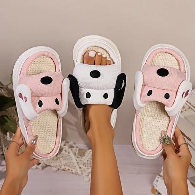 Fashion Cartoon Dog Design Linen Slippers Women Thick Sole Non Slip House Cotton Shoes Woman Comfortable Indoor Home Slippers Plus Size
