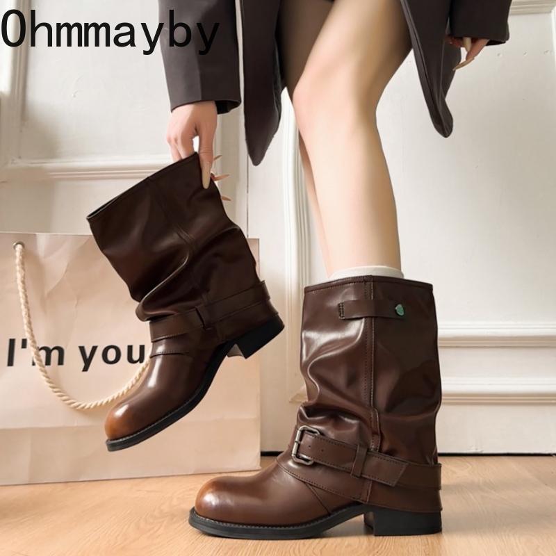 Winter Belt Buckle Women Pipe Ankle Cosy Soft Leather Ladies Concise Thick Heel Slim Short Booties De Mujer