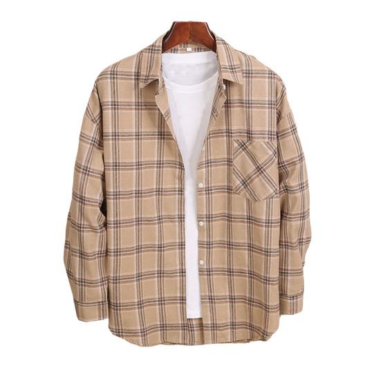Men Autumn Shirt Plaid Print Contrast Colors Turn-down Collar Lapel Korean Style Single-breasted Loose Pocket Soft Patchwork Spring Shirt Daily Wear