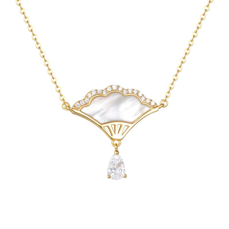 Guochao S925 Silver Necklace: Stylish Mother-of-Pearl Flower Fan Clavicle Chain for Women. S925 Silver