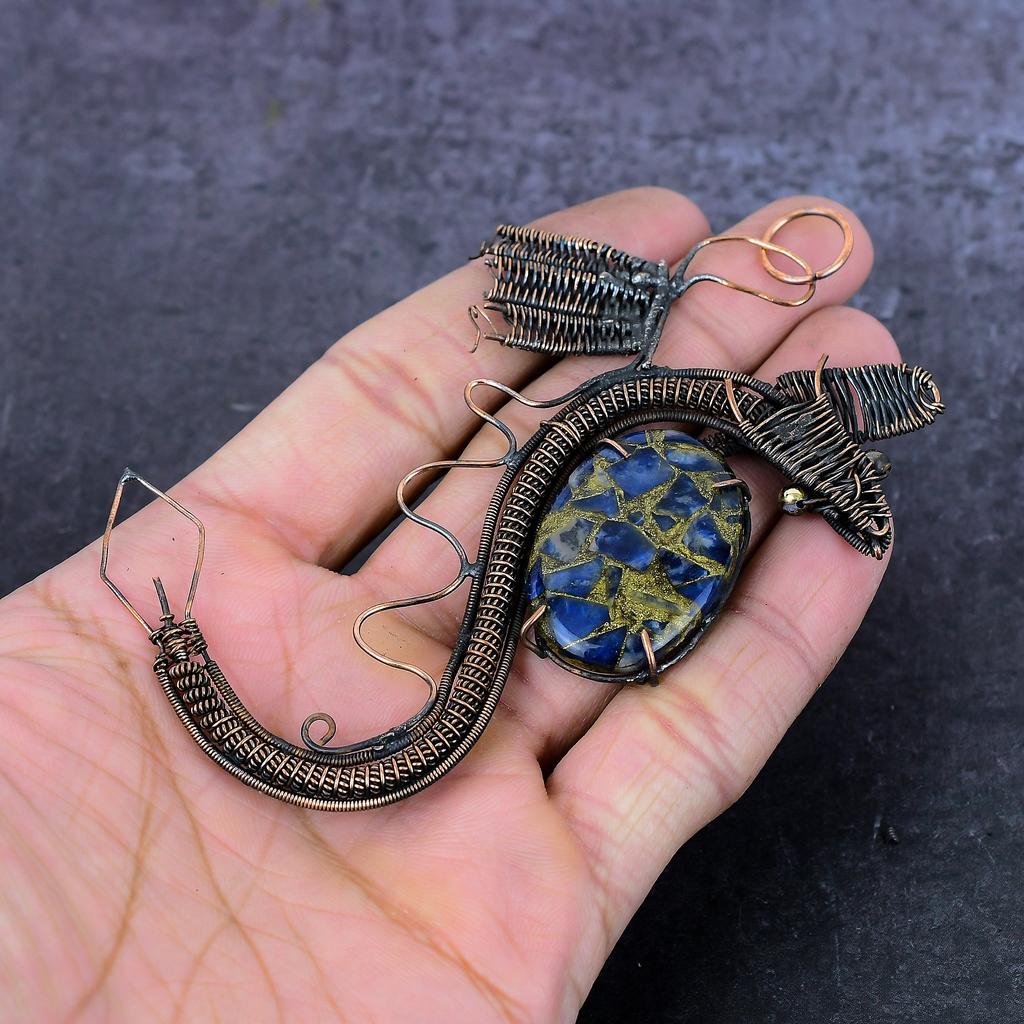 Natural Copper Sodalite Handmade Copper Wirewrap Dragon Gift Pendant 4.53" e2S80